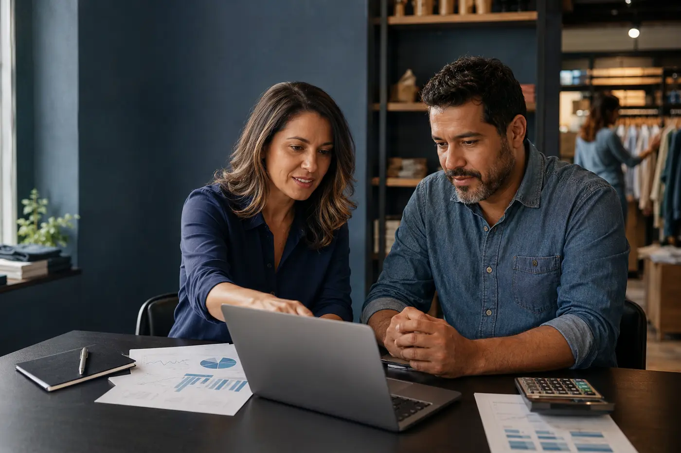 Consultora e lojista analisando informações de gestão em um notebook