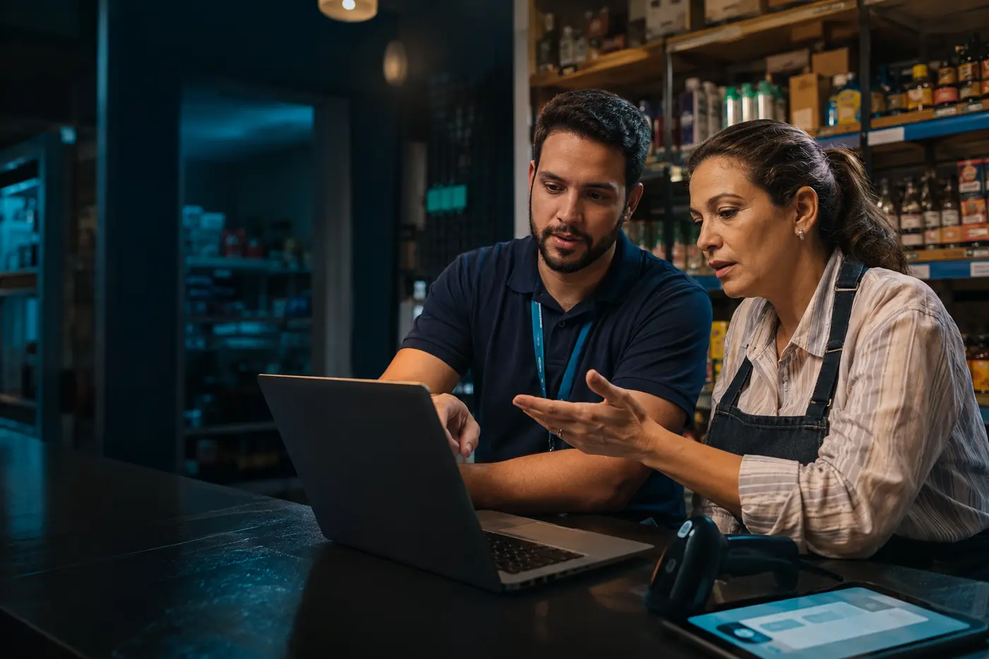 Consultor auxiliando uma comerciante a utilizar o sistema no notebook